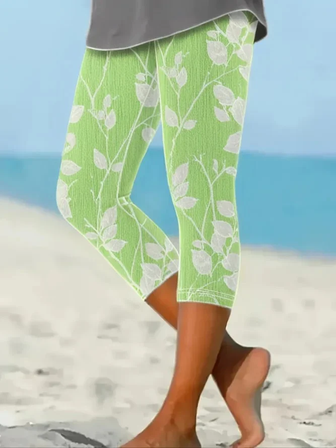 Casual Floral Printing Capris Elastic Waist Leggings