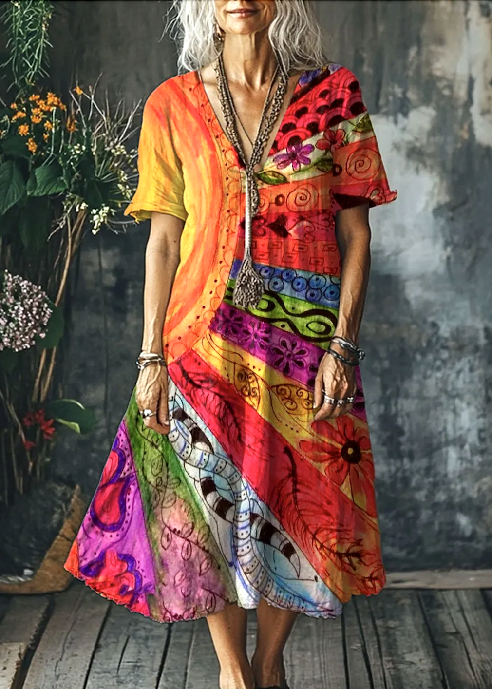 Women Geometric V Neck Short Sleeve Comfy Casual Maxi Dress