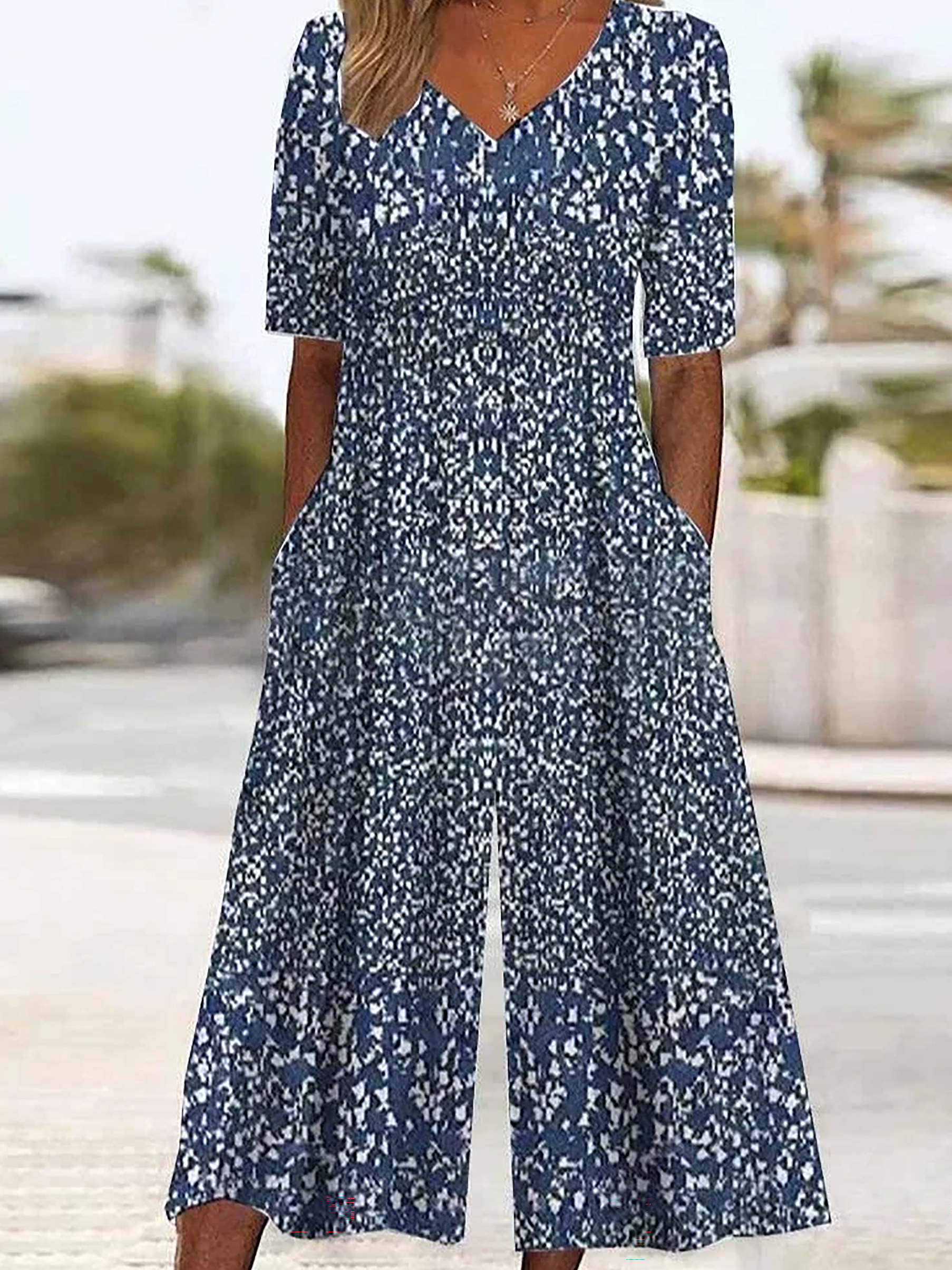 Women's Floral V Neck Half Sleeve Casual Summer Jumpsuits