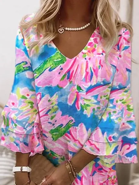 Women Floral V Neck Half Sleeve Comfy Casual Printing Midi Dress