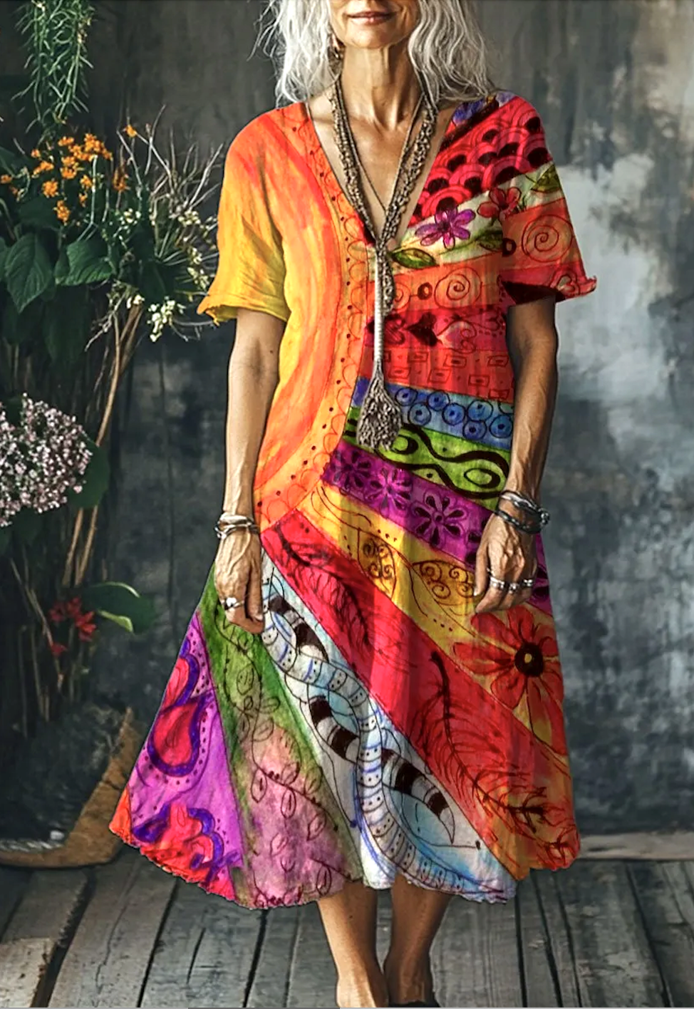 Women Geometric V Neck Short Sleeve Comfy Casual Maxi Dress