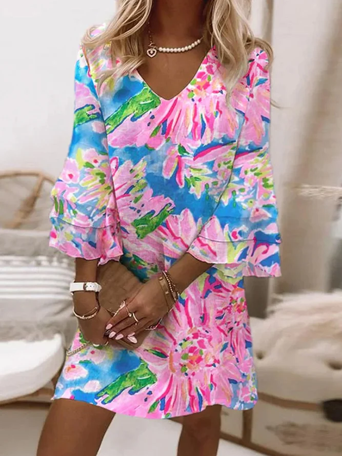 Women Floral V Neck Half Sleeve Comfy Casual Printing Midi Dress