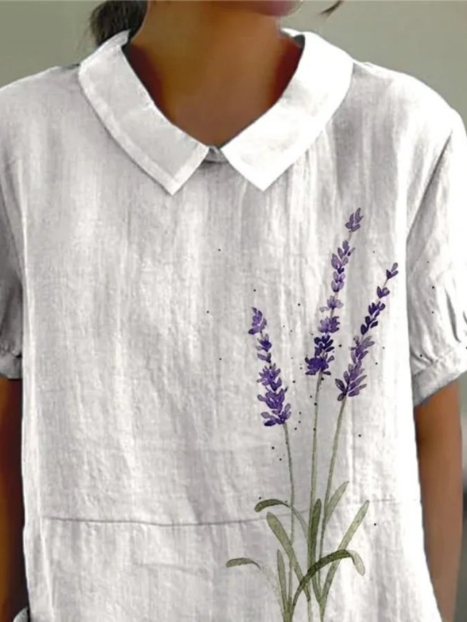 Shawl Collar Half Sleeve Floral Regular Loose Blouse For Women