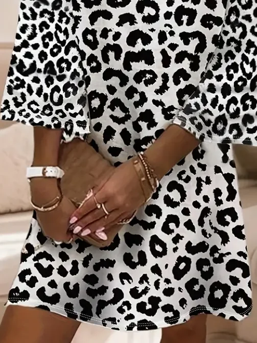 Women Leopard Summer Printing Dress V Neck Half Sleeve Classic H-Line Dress