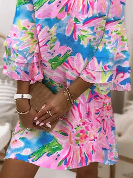 Women Floral V Neck Half Sleeve Comfy Casual Printing Midi Dress