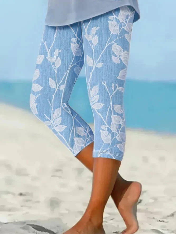 Casual Floral Printing Capris Elastic Waist Leggings
