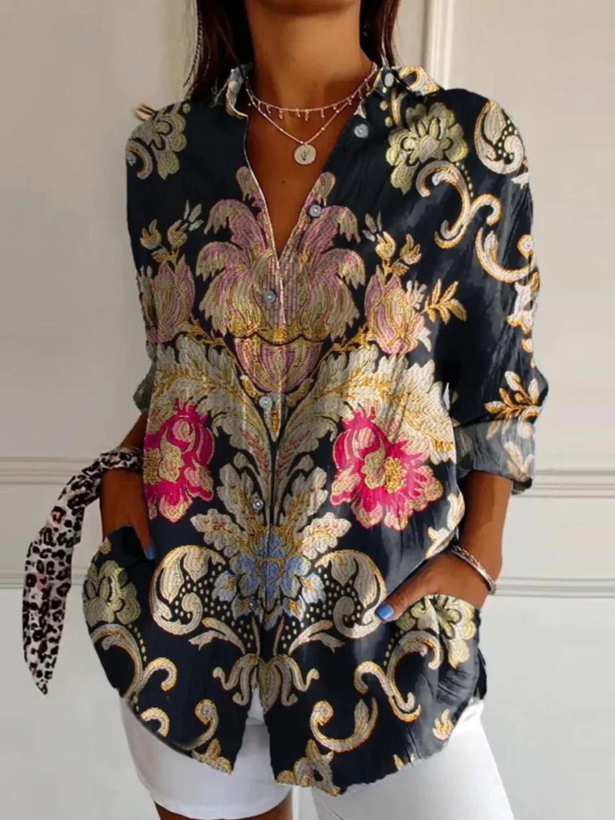 Ethnic Floral Art Print Casual Shirt For Women