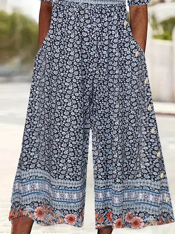 Women Half Sleeve V Neck Regular Fit Ankle Pants Printing Daily Casual Floral Natural Jumpsuit