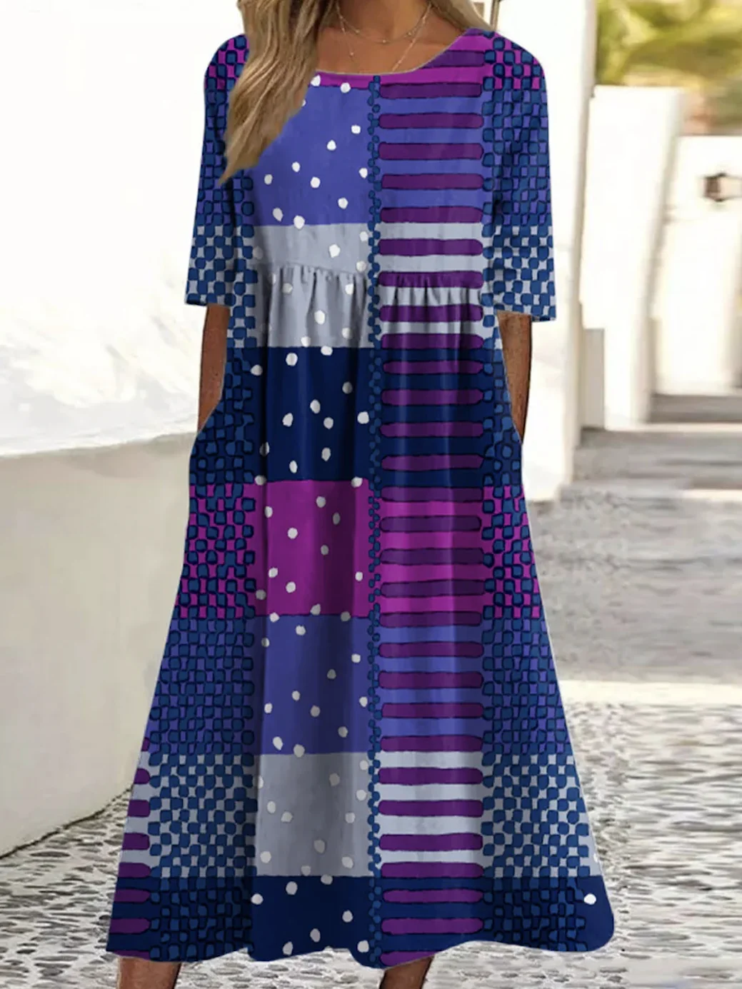 Women Geometric Crew Neck Short Sleeve Comfy Casual Maxi Dress