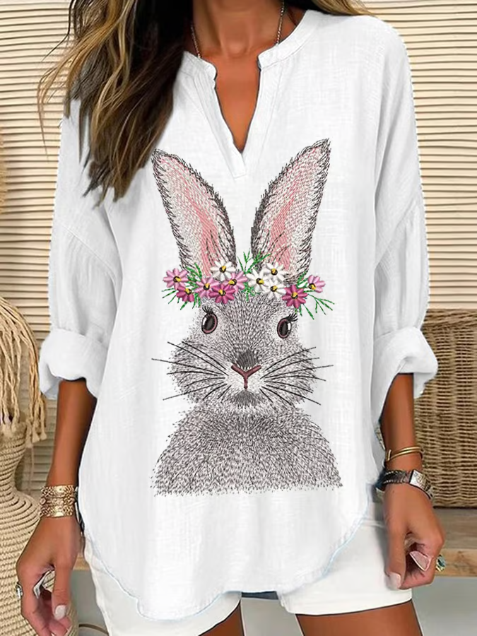 V Neck Long Sleeve Easter (rabbit) Regular Loose Blouse For Women