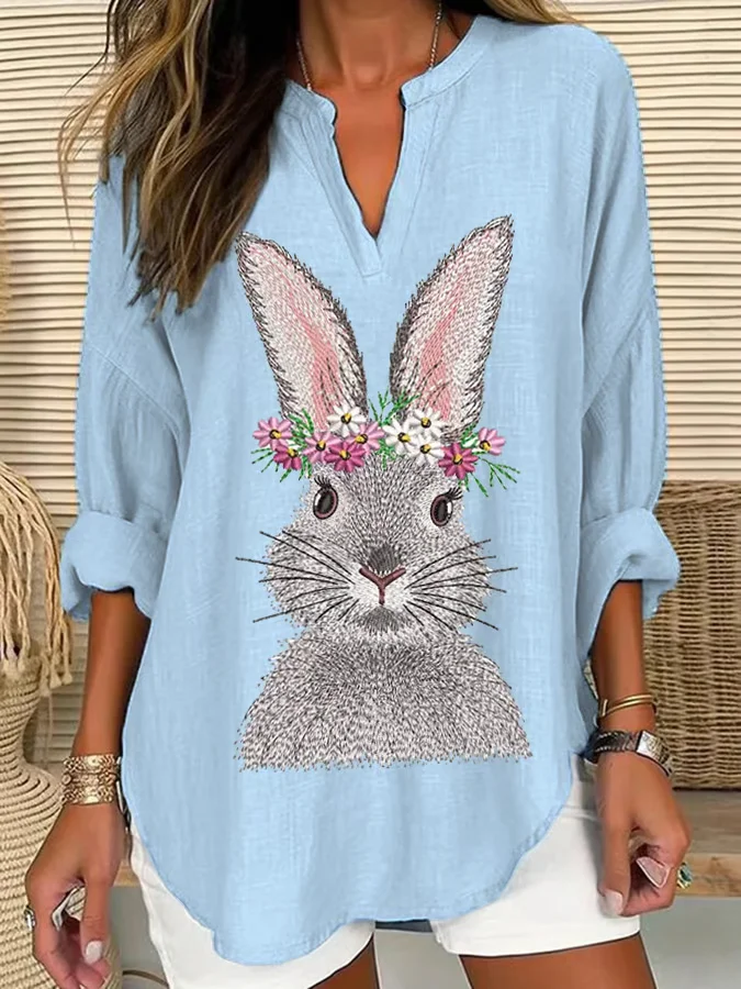 V Neck Long Sleeve Easter (rabbit) Regular Loose Blouse For Women