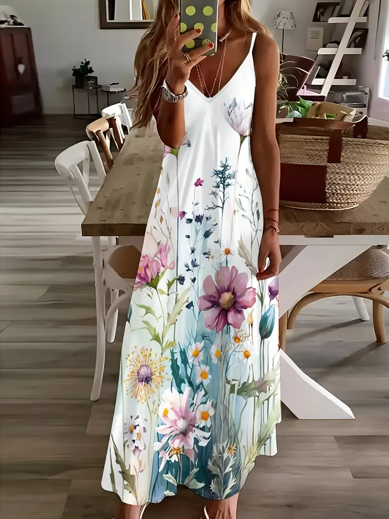Women Floral V Neck Sleeveless Comfy Casual Printing Maxi Dress