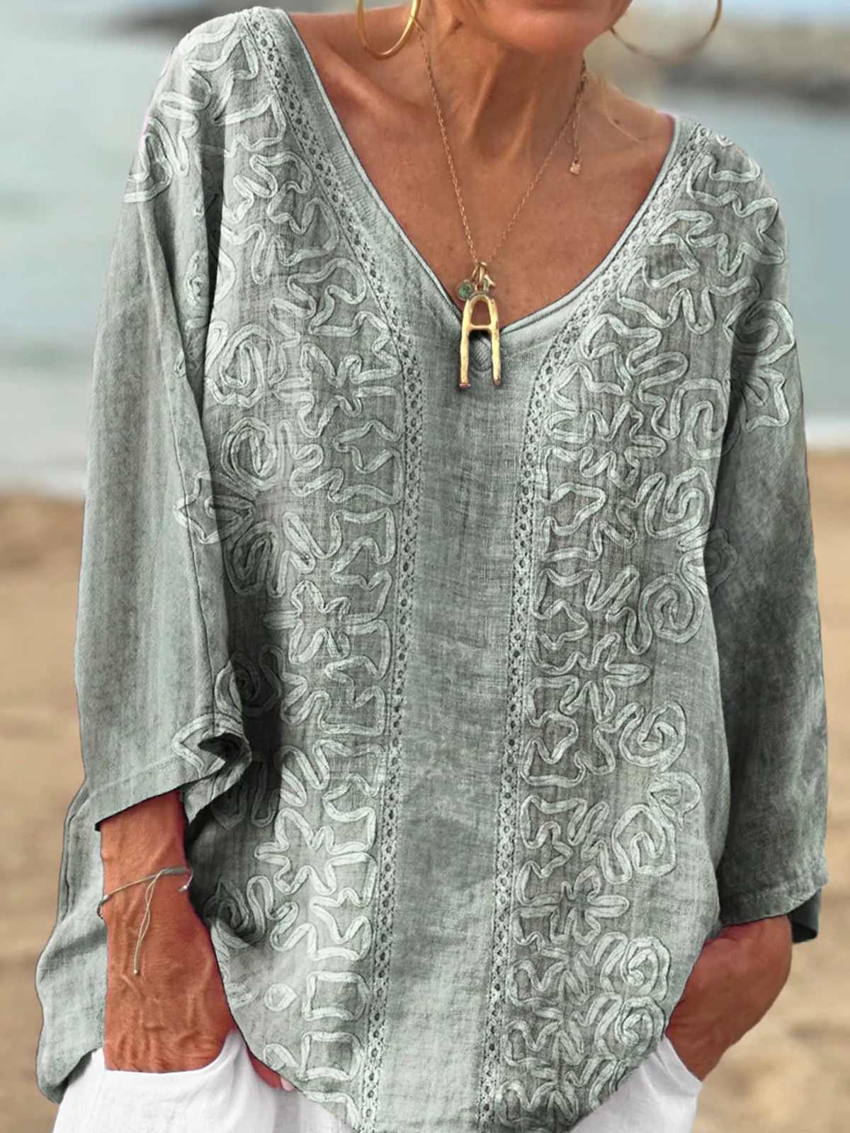 Casual Geometric V Neck Long Sleeve T-shirt