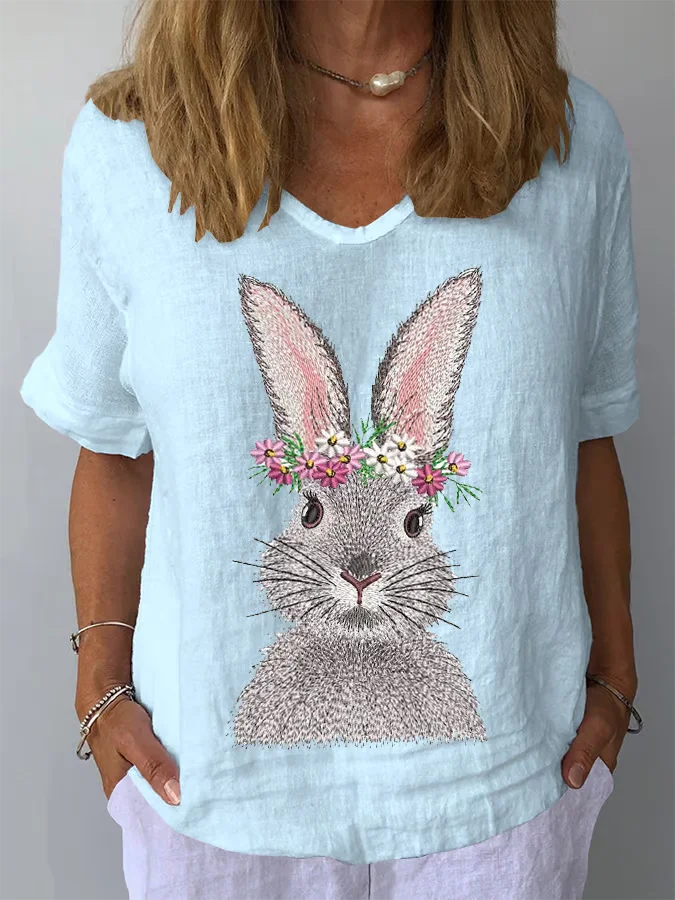 Crew Neck Short Sleeve Easter (rabbit) Regular Loose Tunic Blouse For Women