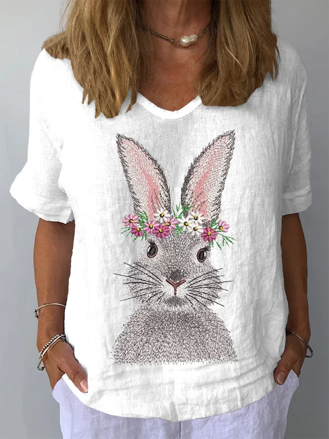 Crew Neck Short Sleeve Easter (rabbit) Regular Loose Tunic Blouse For Women