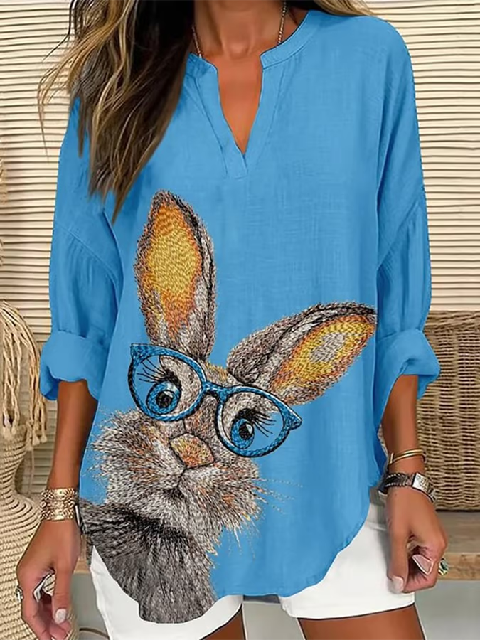 V Neck Long Sleeve Easter (rabbit) Regular Loose Blouse For Women