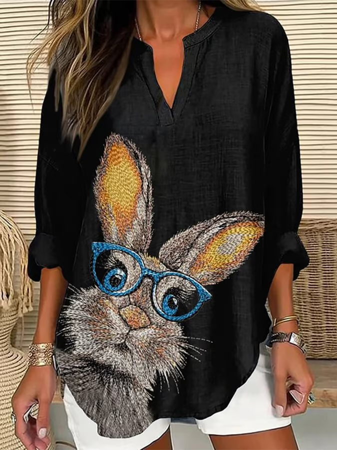 V Neck Long Sleeve Easter (rabbit) Regular Loose Blouse For Women