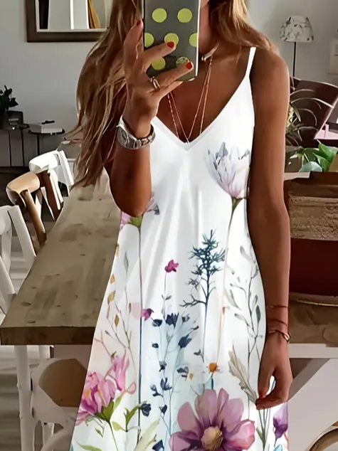 Women Floral V Neck Sleeveless Comfy Casual Printing Maxi Dress
