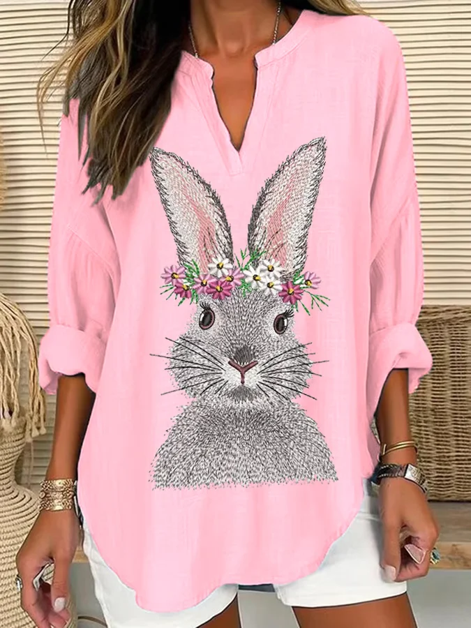 V Neck Long Sleeve Easter (rabbit) Regular Loose Blouse For Women