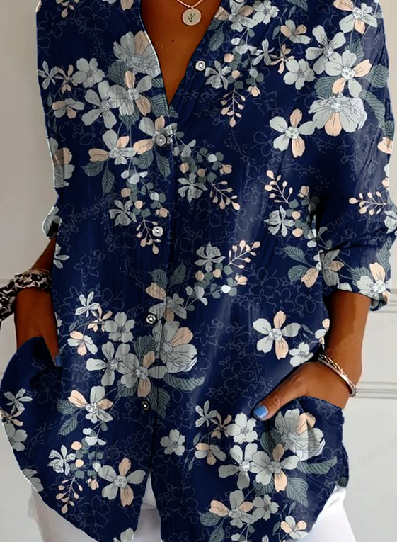 Shirt Collar Long Sleeve Floral Lightweight Regular Fit Shirt For Women