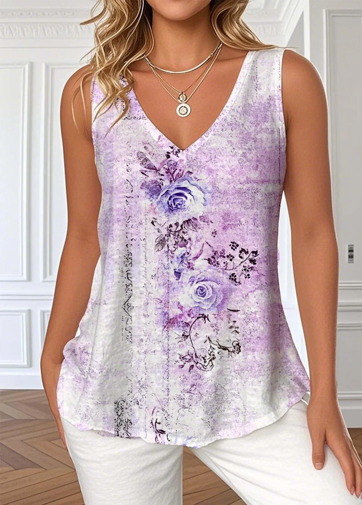 Vintage Gradient Pattern V Neck Sleeveless Tank