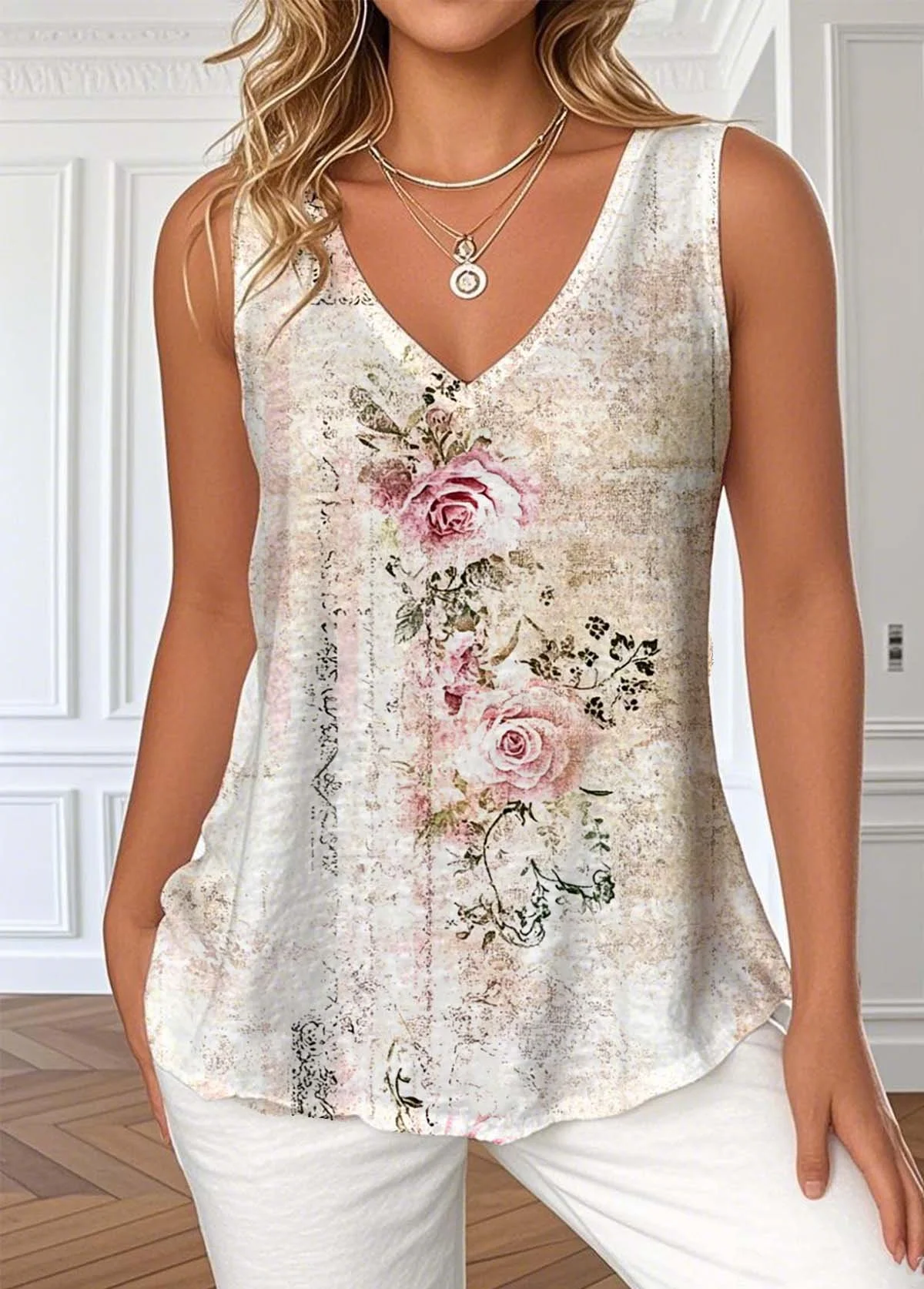 Vintage Gradient Pattern V Neck Sleeveless Tank