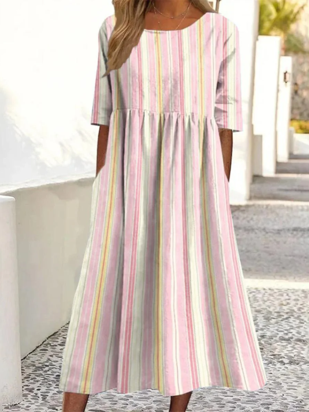 Women Striped Crew Neck Short Sleeve Comfy Casual Maxi Dress