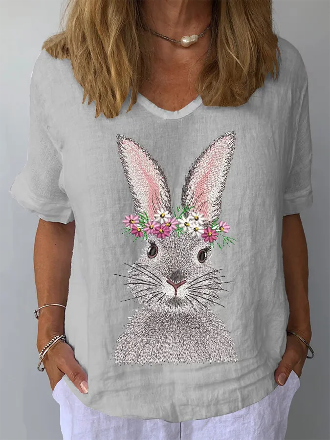 Crew Neck Short Sleeve Easter (rabbit) Regular Loose Tunic Blouse For Women