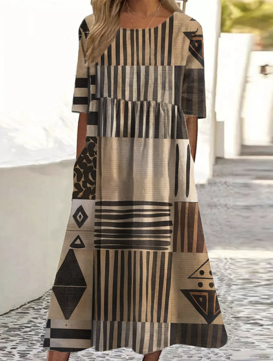 Women Geometric Crew Neck Short Sleeve Comfy Casual Maxi Dress