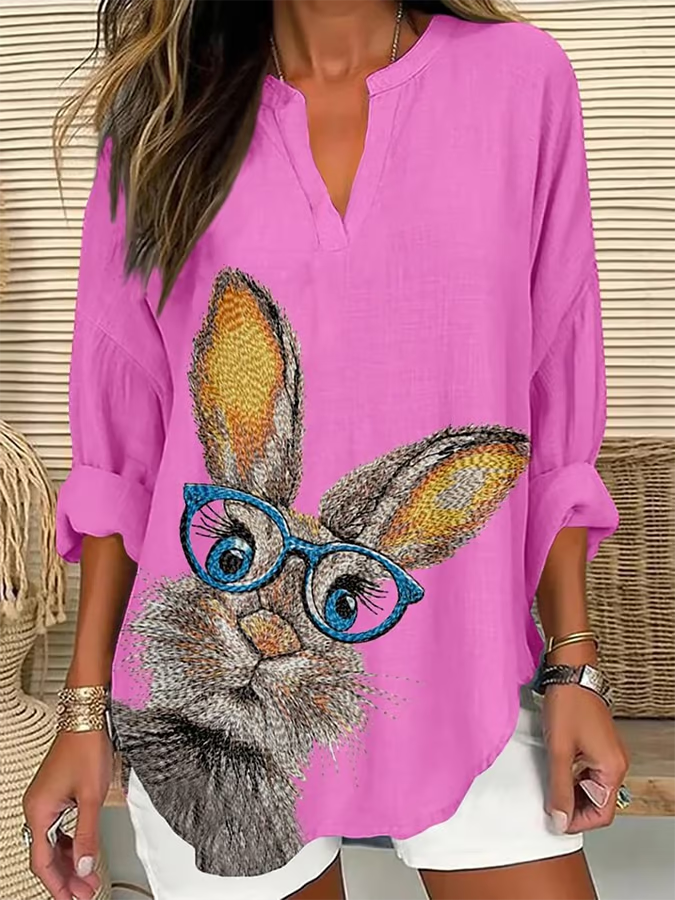 V Neck Long Sleeve Easter (rabbit) Regular Loose Blouse For Women