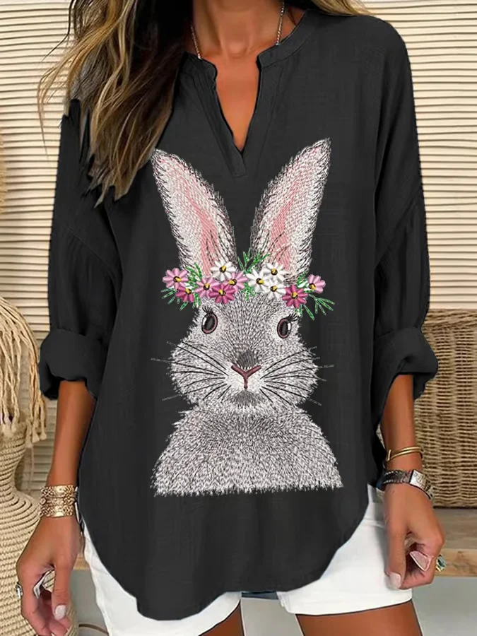 V Neck Long Sleeve Easter (rabbit) Regular Loose Blouse For Women