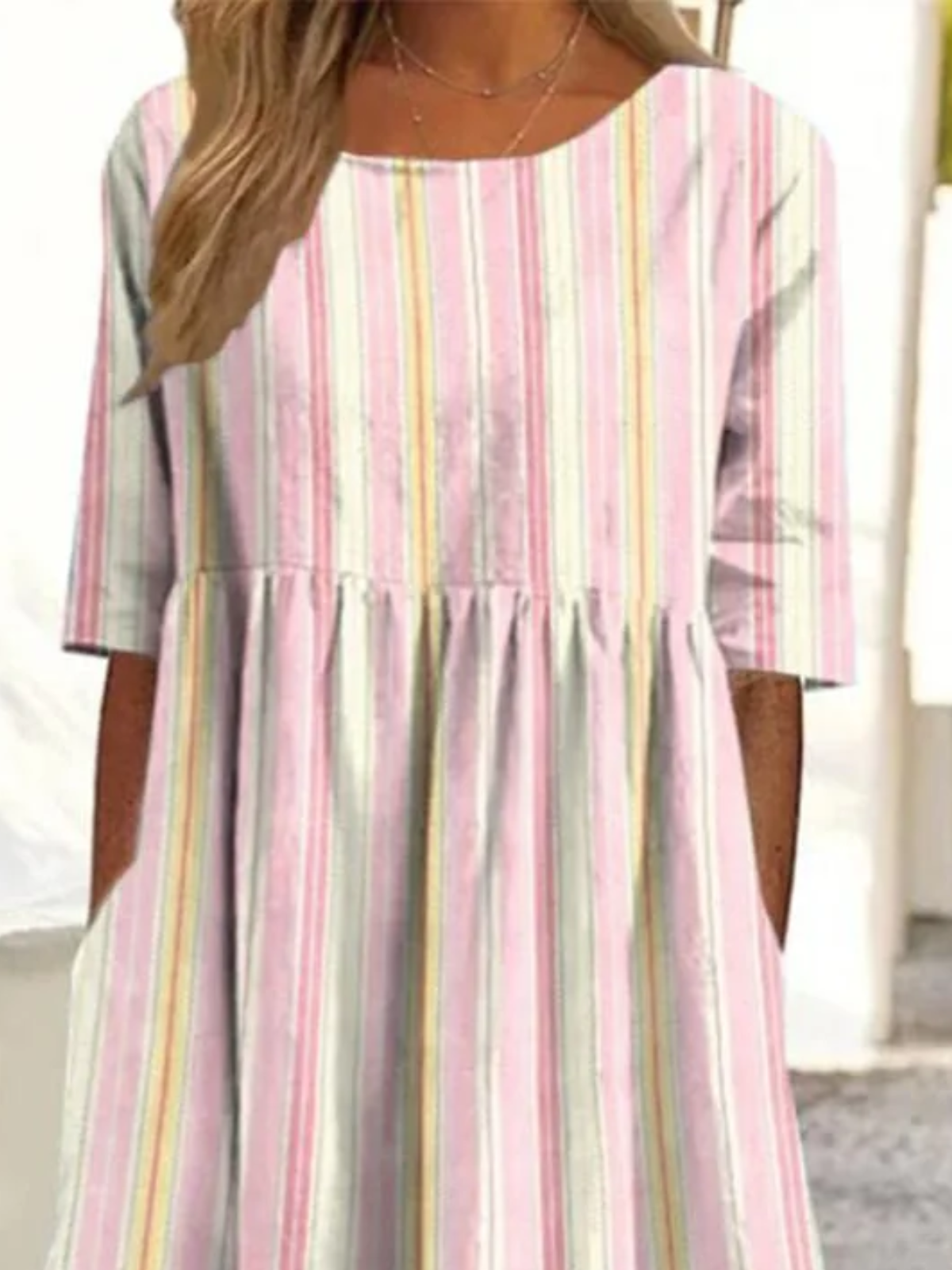 Women Striped Crew Neck Short Sleeve Comfy Casual Maxi Dress