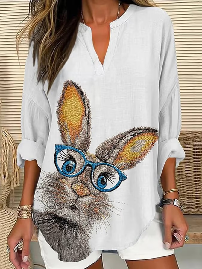 V Neck Long Sleeve Easter (rabbit) Regular Loose Blouse For Women