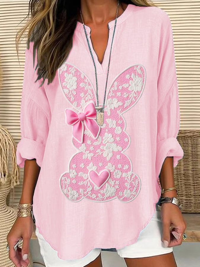 V Neck Long Sleeve Easter (rabbit) Regular Loose Blouse For Women