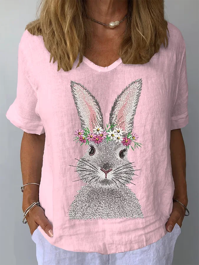 Crew Neck Short Sleeve Easter (rabbit) Regular Loose Tunic Blouse For Women