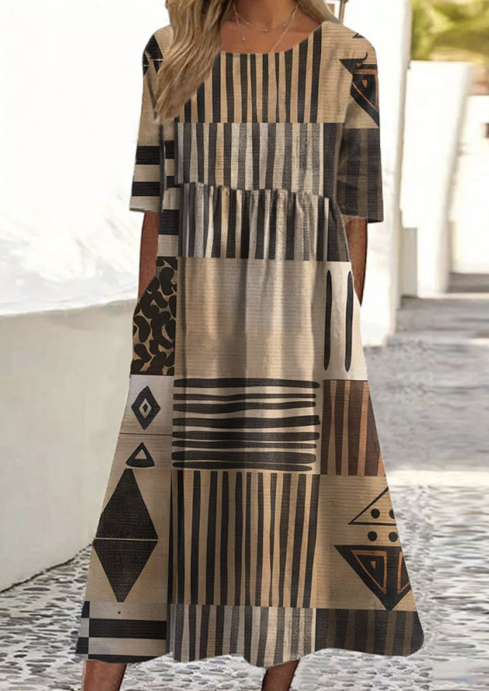 Women Geometric Crew Neck Short Sleeve Comfy Casual Maxi Dress