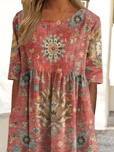 Women Floral Summer Printing Dress Crew Neck Short Sleeve Shift Dress H-Line Dress