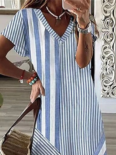 Women Striped Summer Printing Dress V Neck Short Sleeve X-Line Dress