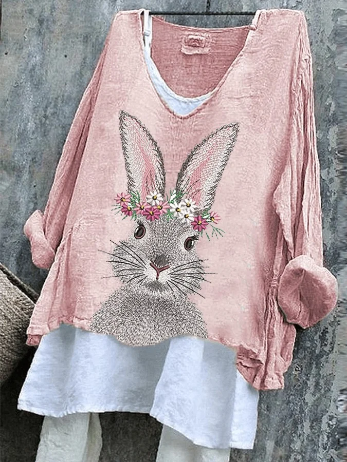 Vintage Easter (rabbit) V Neck Long Sleeve T-shirt