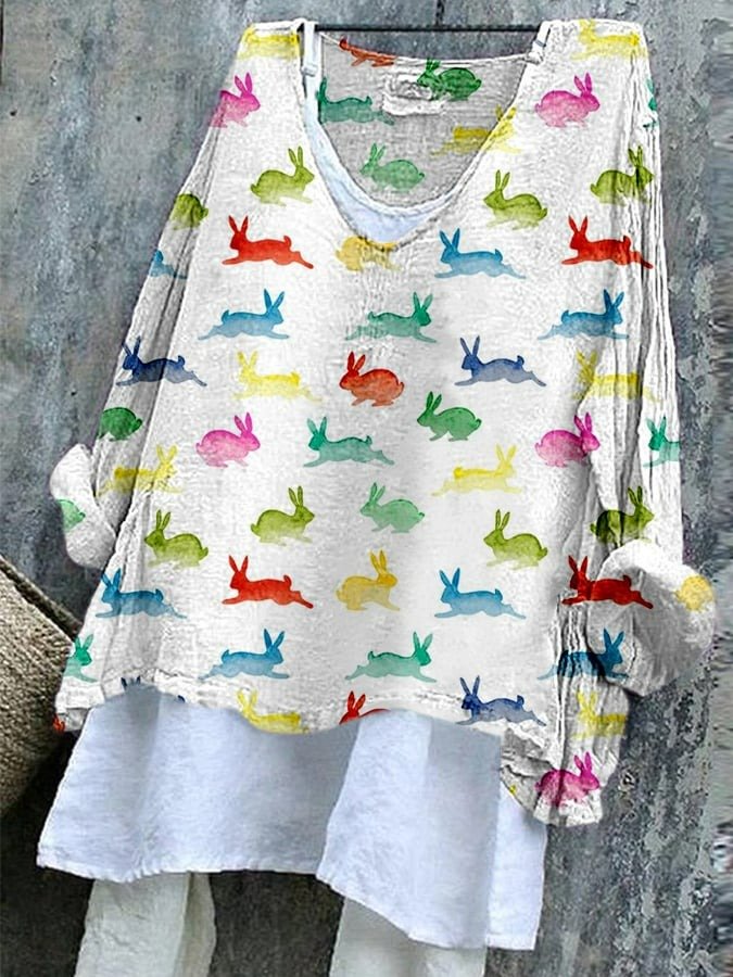 Vintage Easter (rabbit) V Neck Long Sleeve T-shirt
