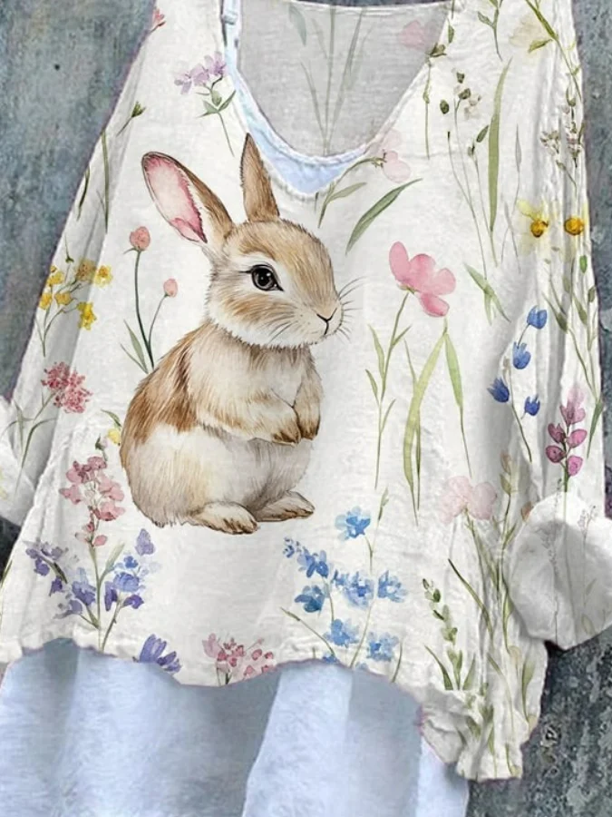 Vintage Easter (rabbit) V Neck Long Sleeve T-shirt