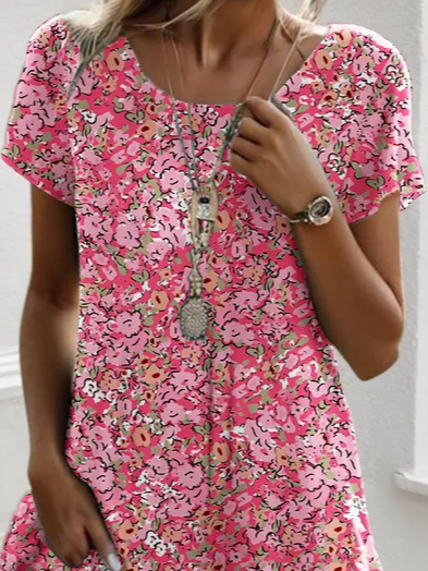 Women Floral Crew Neck Short Sleeve Comfy Casual Printing Midi Dress