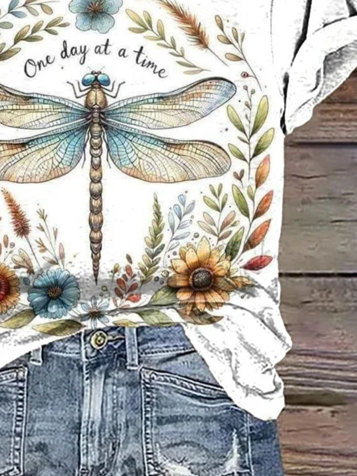 Casual Floral Dragonfly Print V Neck Short Sleeve T-shirt