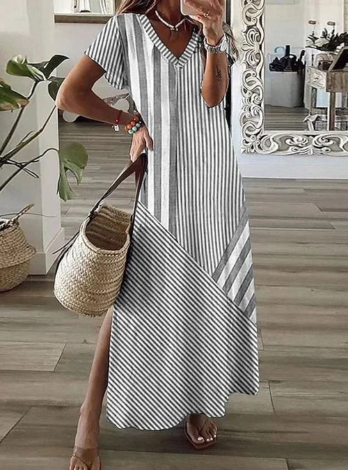 Women Striped Summer Printing Dress V Neck Short Sleeve X-Line Dress