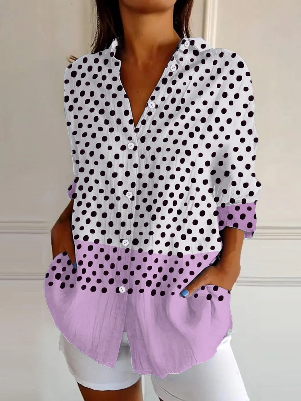 Casual Shirt Long Sleeve Multicolor Block Loose Comfy Shirt For Women