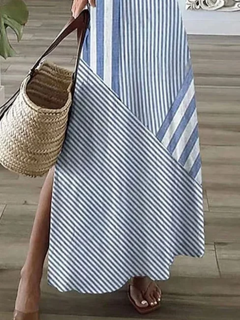 Women Striped Summer Printing Dress V Neck Short Sleeve X-Line Dress