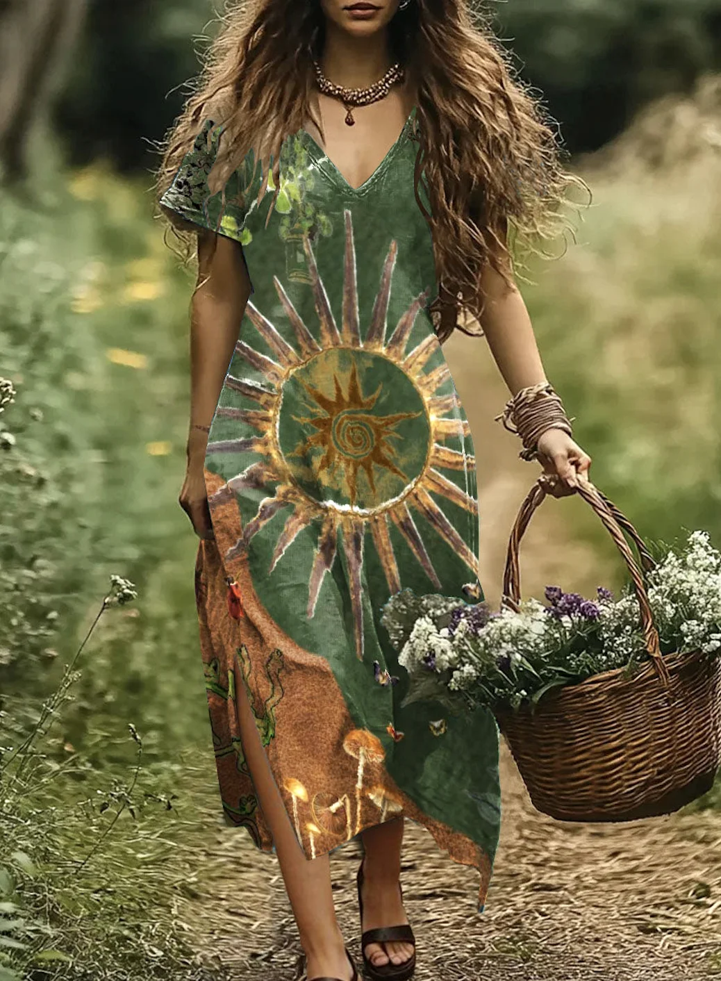 Women Geometric V Neck Short Sleeve Comfy Casual Maxi Dress