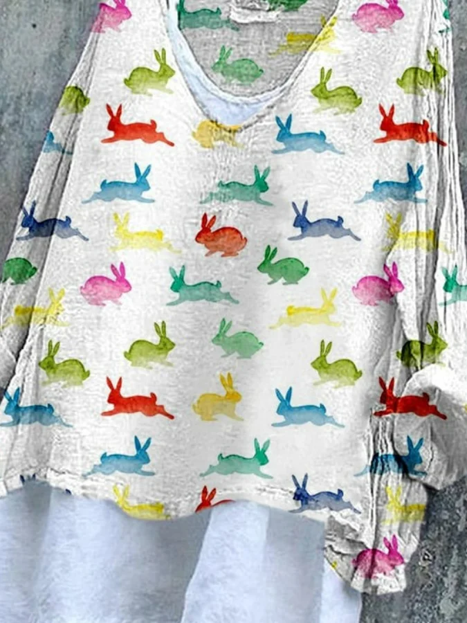Vintage Easter (rabbit) V Neck Long Sleeve T-shirt