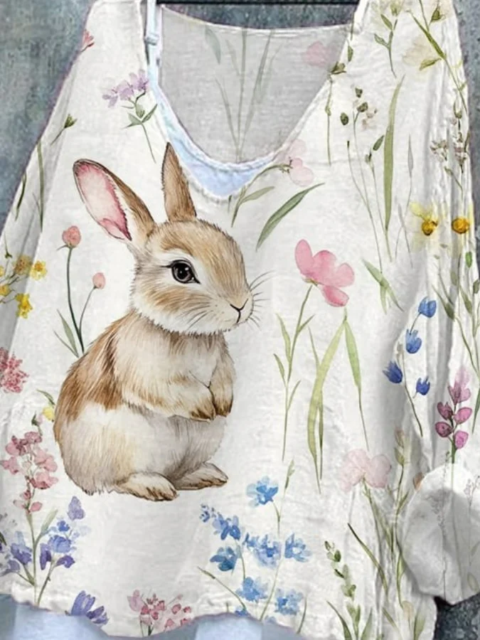 Vintage Easter (rabbit) V Neck Long Sleeve T-shirt