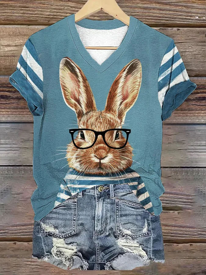 Casual Easter (rabbit) V Neck Short Sleeve T-shirt